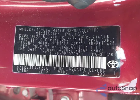 2023 Toyota Corolla Le из США, поврежденный, VIN 5YFB4MDE9PP073961